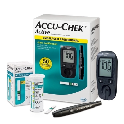 Kit accu-chek active aparelho medidor de glicose + caneta lancetadora + 50 tiras reagentes