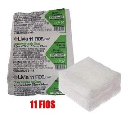 Compressa gaze livia 11 fios 7,5cmx7,5cm 13cmx24cm 5un