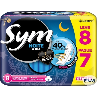 Absorvente sym noite e dia suave com abas 8 unidades