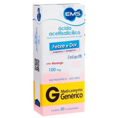 Ácido Acetilsalicílico 100mg Infantil Sabor Morango 30 comprimidos EMS Genérico