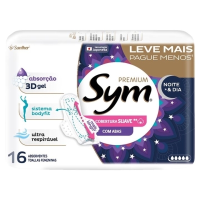 Absorvente sym premium noite e dia cobertura suave com abas 16 unidades