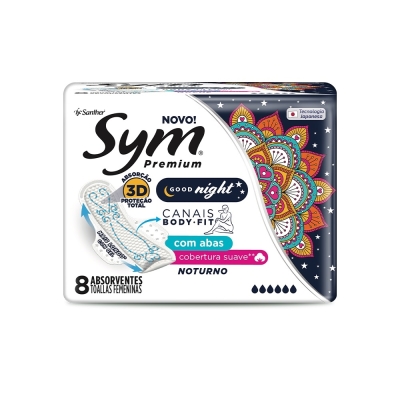 Absorvente Sym Premium Good night suave, com abas, pacote com 8 unidades