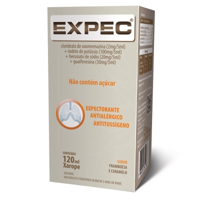 Expec 0,4mg/mL + 20mg/mL + 4mg/mL + 6mg/mL, caixa com 1 frasco com 120mL de xarope