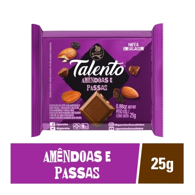 Chocolate talento ao leite amendoa passas mini 25g