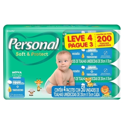 Toalha Umedecida Personal Soft e Protect 200 Unidades, Leve 4 Pague 3