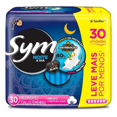 Absorvente sym noite e dia suave com abas 30 unidades