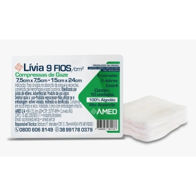 Compressa de Gaze 7,5cm x 7,5cm 9 Fios Lívia Pacote c/ 10 unidades American Medical