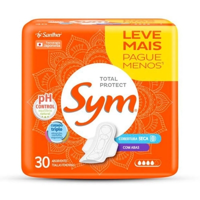 Absorvente sym total protect cobertura seca com abas 30 unidades