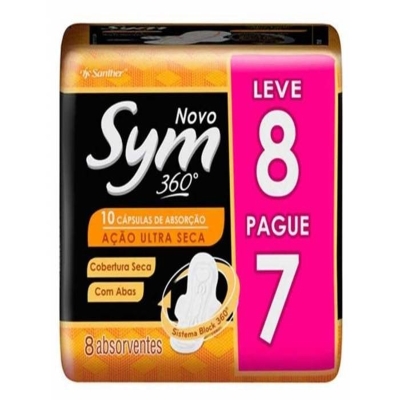 Absorvente Sym 360 seca, com abas, leve 8 pague 7